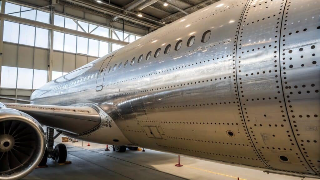 alt with keywords: an older aircraft still in service, highlighting the long-term durability of its aluminum structure